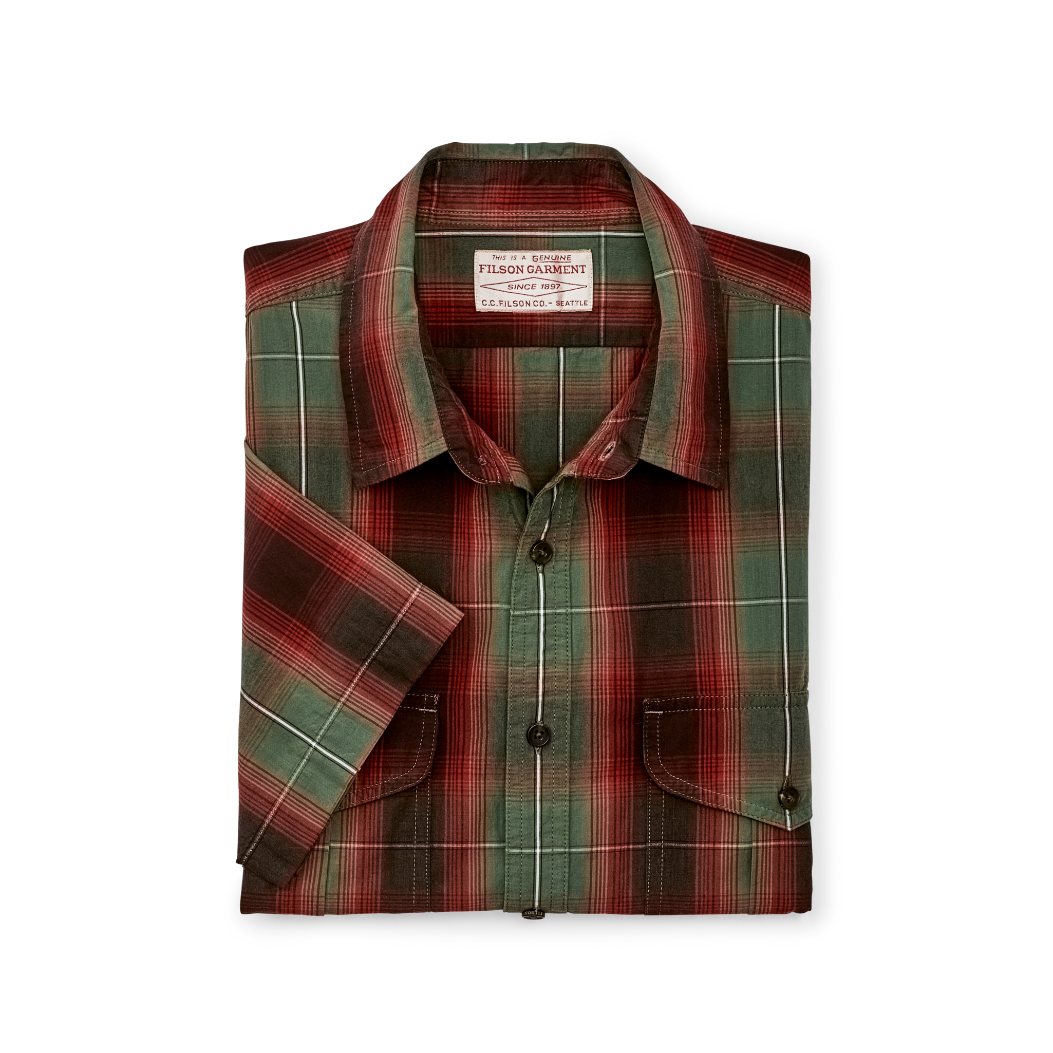 Filson's Washed Short Sleeve Feather Cloth Shirt - Green / Red / Black Ombre - Image 3